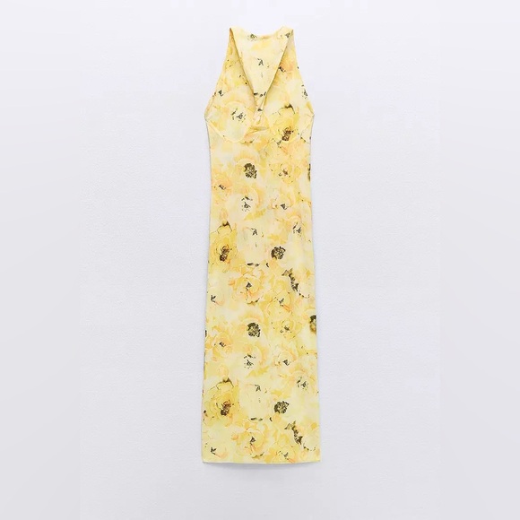 ZARA | Yellow Floral Meshed Lines Open Twist Back Dress - Picture 14 of 15